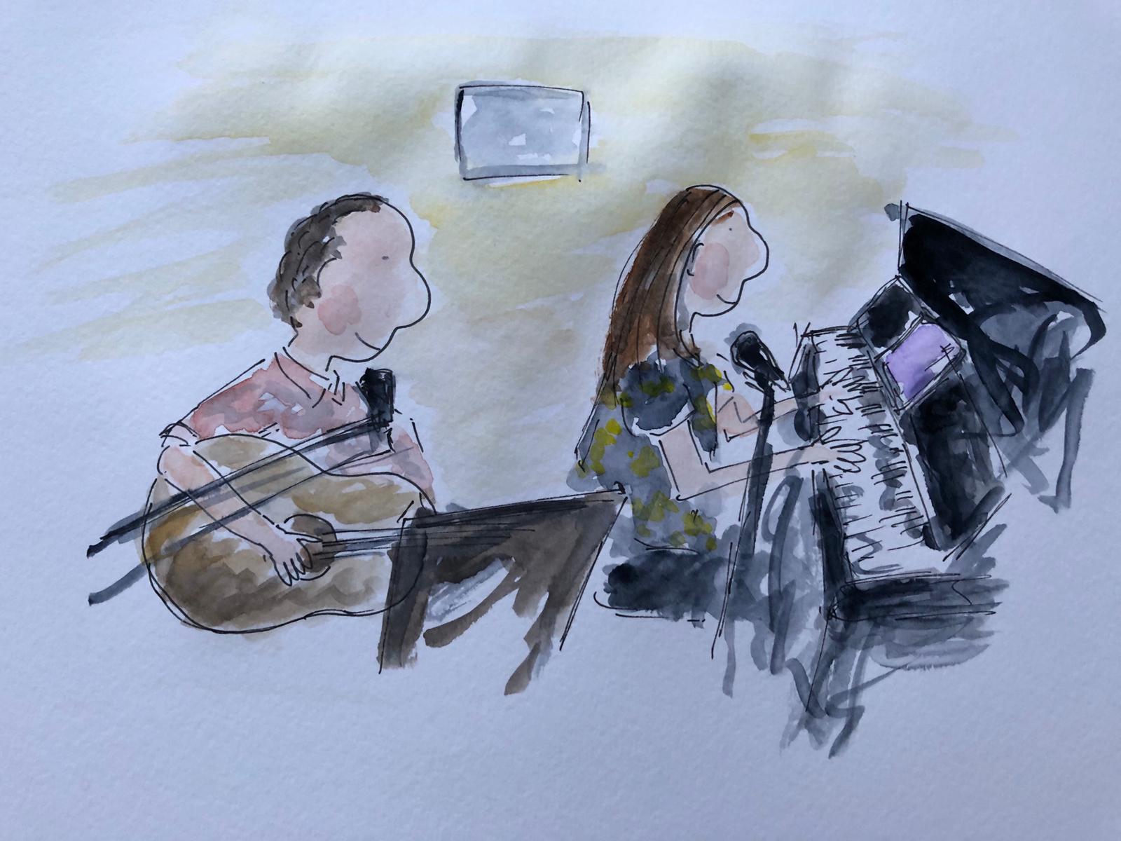 Painting of Ross and Kathryn playing the guitar and piano